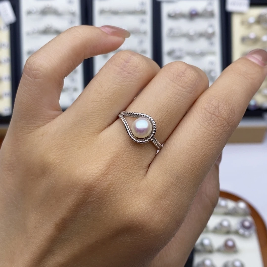 925银锆石6.4mm水滴对开口戒指