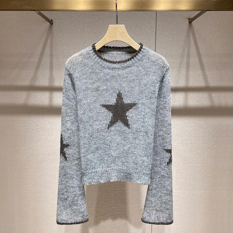 五角星提花针织衫2025秋冬新款慵懒风休闲百搭毛衣女显瘦长袖上衣
