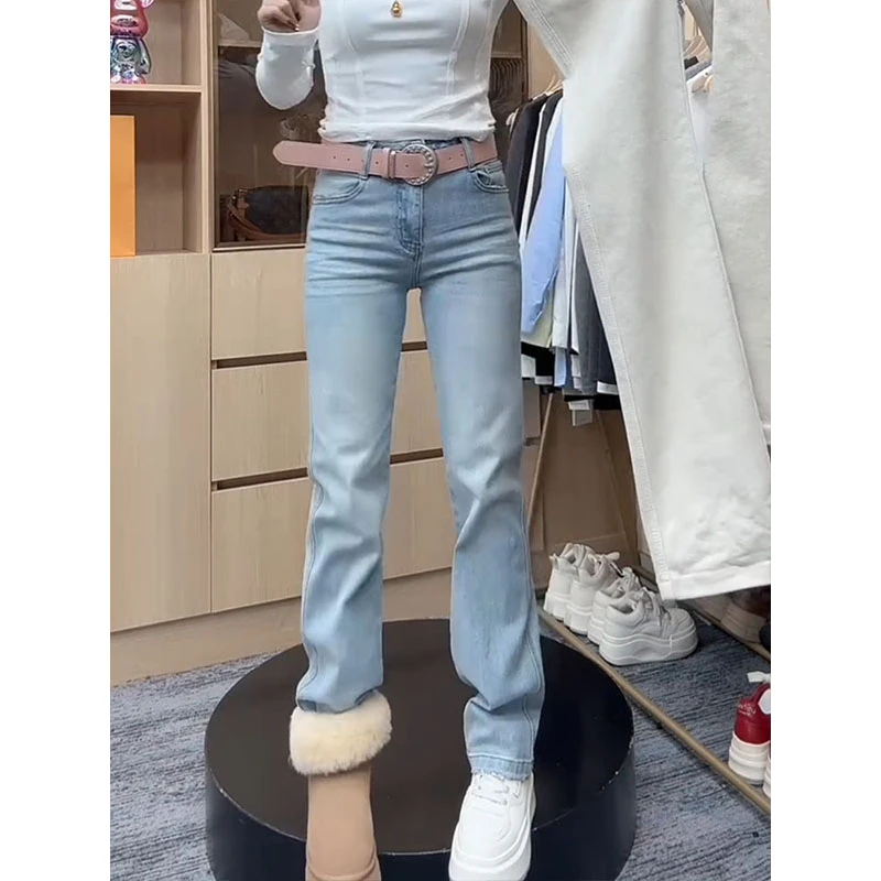 2026早春季新款高腰浅蓝色小个子百搭长裤女窄版直筒牛仔拖地裤