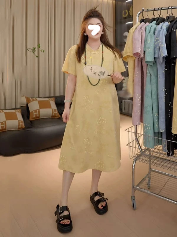 大码女装新中式国风短袖绣花旗袍女夏季胖mm显瘦盘扣气质连衣裙子
