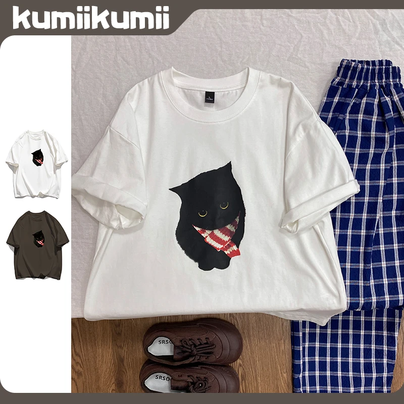 美式重磅纯棉短袖T恤2025夏季新款小众小猫印花纯棉女半袖上衣潮