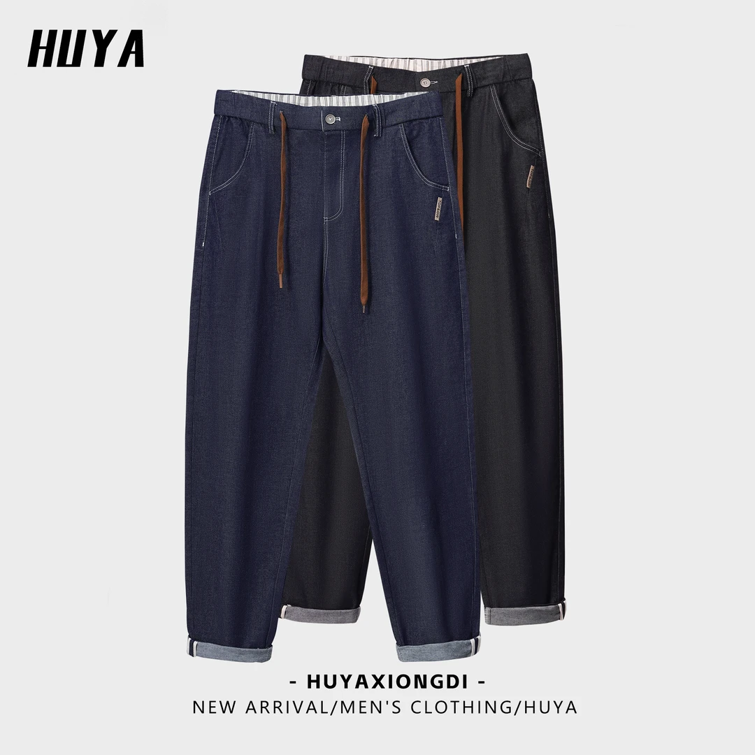 虎牙兄弟 夏季上新绣标抽绳男士百搭纯色舒适休闲牛仔长裤 3026