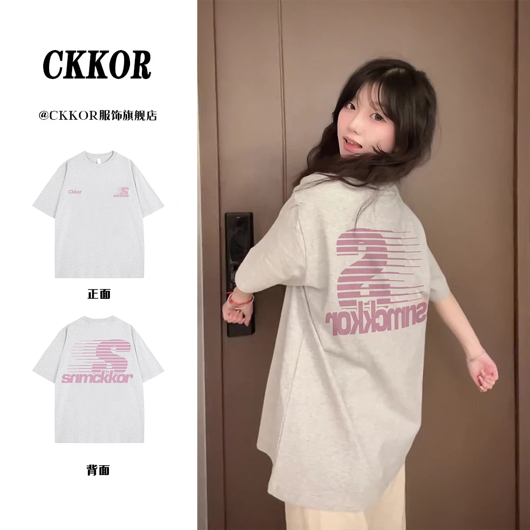 CKKOR夏季穿搭纯棉短袖t恤女美式复古字母印花宽松慵懒风百搭上衣