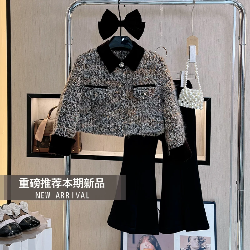 女童秋冬装2025新款小香风毛呢外套小女孩洋气时尚秋季儿童套装