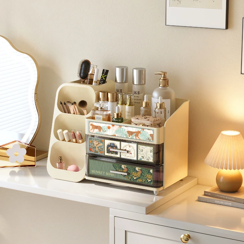 美世达法式风桌面收纳盒中古风防尘台面抽屉式高级感护肤品置物架