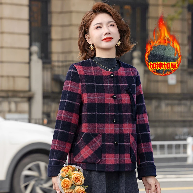 妈妈秋装2025新款气质大格子毛呢子上衣年轻外套春秋夹棉夹克上衣