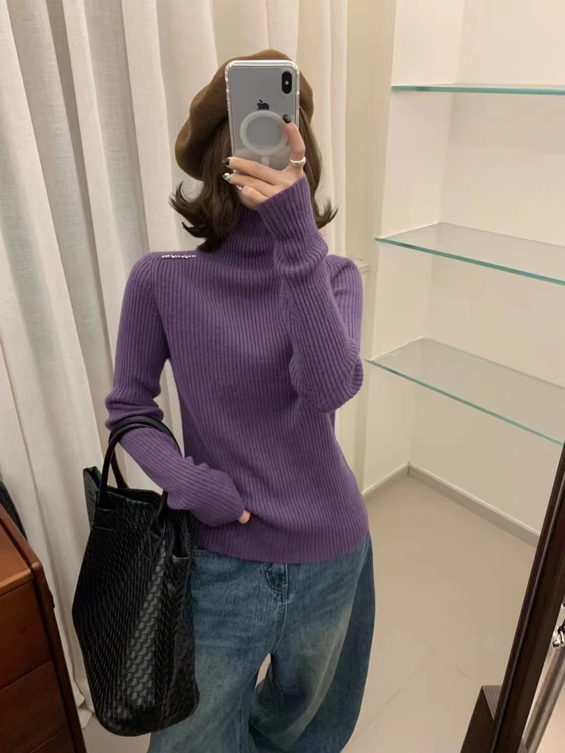 堆堆领钉珠冬季纯色高领毛衣修身女士堆领长袖时尚百搭韩版套头