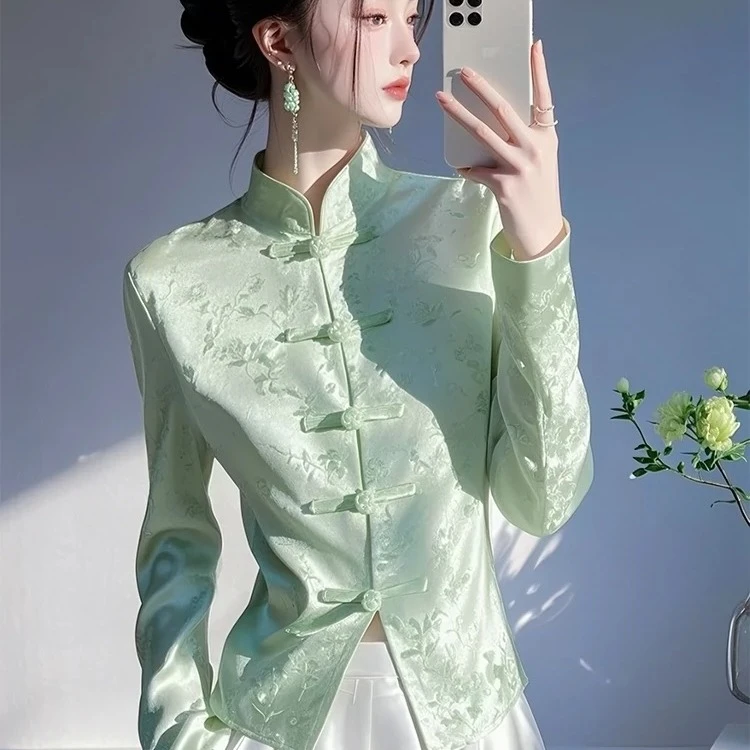新中式高端国风绿色缎面提花衬衫女2025早春新款盘扣上衣改良唐装