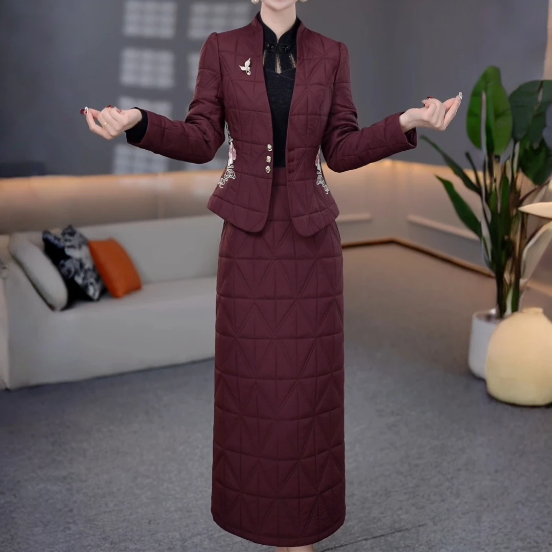 高级精纺中式显瘦改良旗袍裙子套装2025秋季新款古风两件套连衣裙