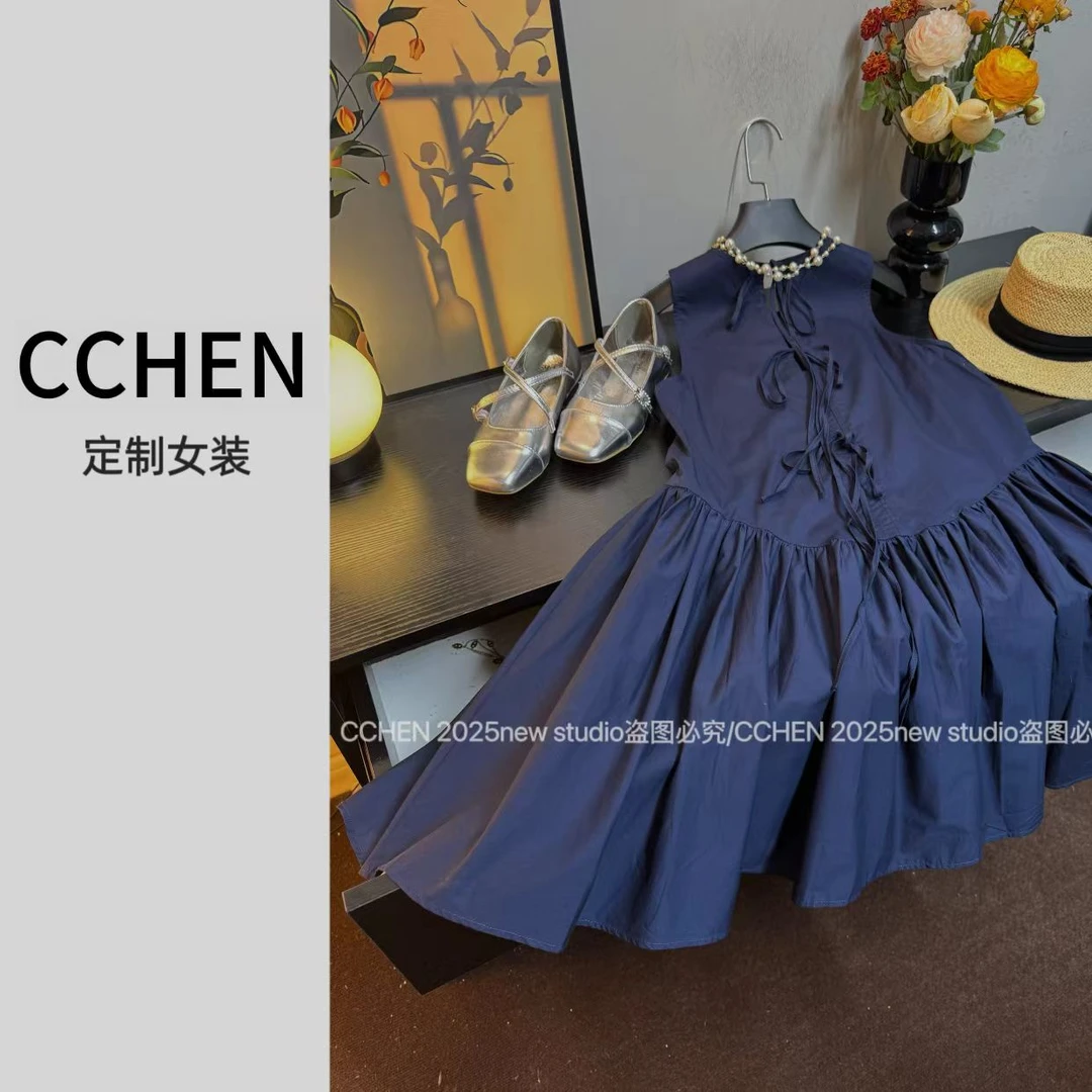 2025夏季新款女装都市休闲简约无袖系带A型连衣裙