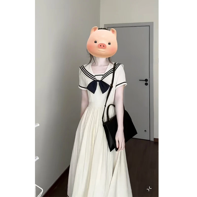 大码【海盐甜心】学院风法式海军领撞色拼接连衣裙女春夏新款长裙子