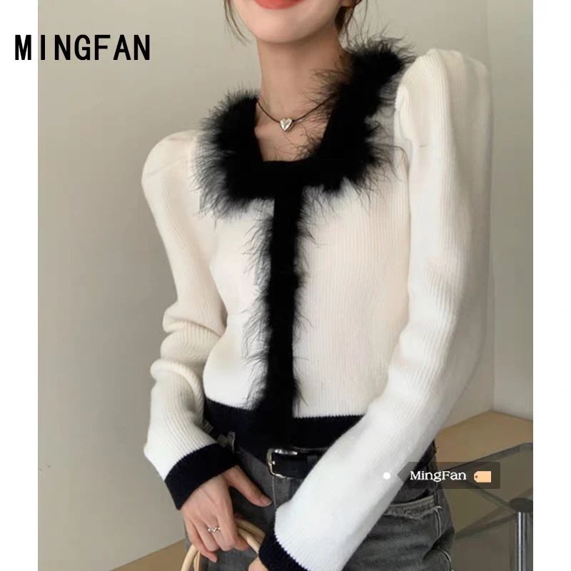 高品质白色拼接毛毛针织上衣6203