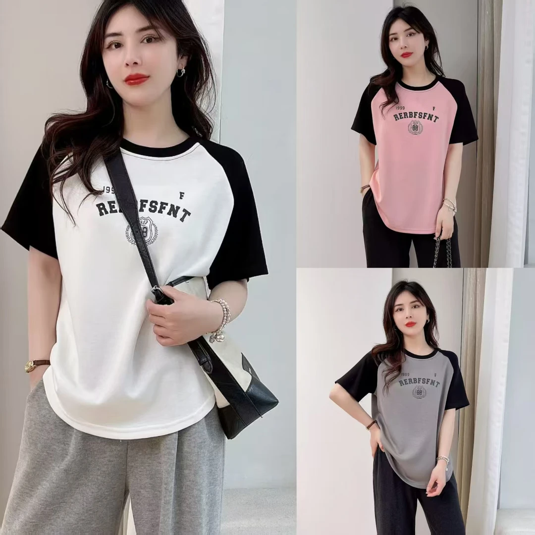 新款显瘦大码休闲百搭夏季宽松圆领拼色半袖简约时尚921