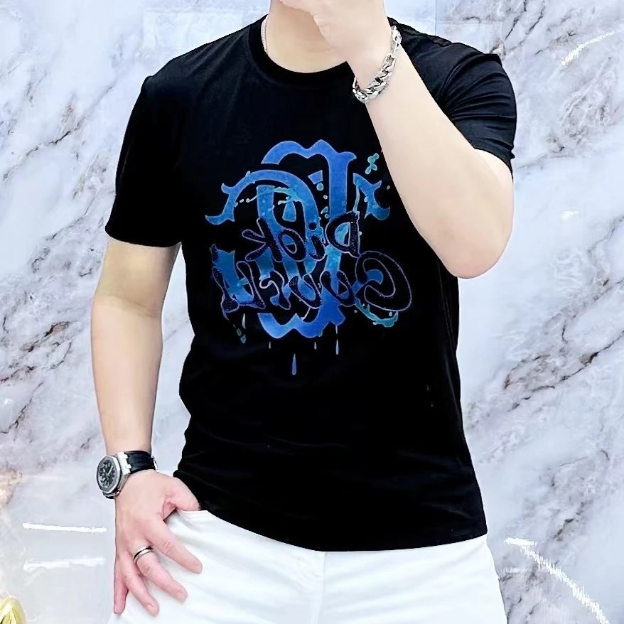2025夏季新款男士冰丝圆领半袖轻奢休闲字母烫钻LOGO短袖T恤2518
