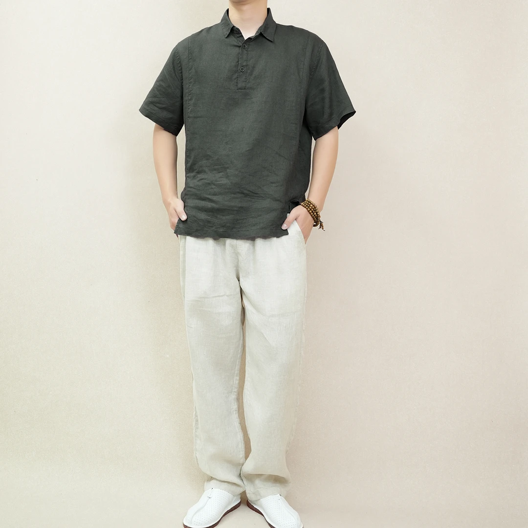 夏季纯亚麻套装 上衣纯麻polo 裤子直筒休闲裤 夏季必备 清凉套装