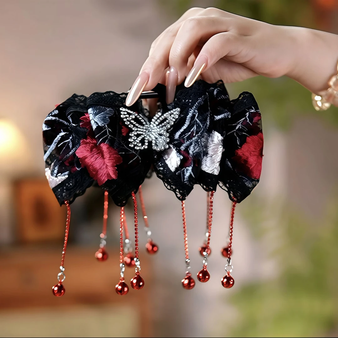 一眼万年韩式复古港风网纱刺绣抓夹铃铛流苏盘发鲨鱼夹头饰发夹