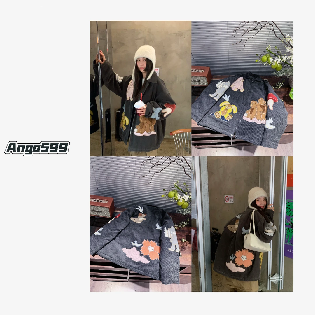 奇幻精灵*冬季新款立体贴布刺绣宽松灯芯绒翻领棉服外套女