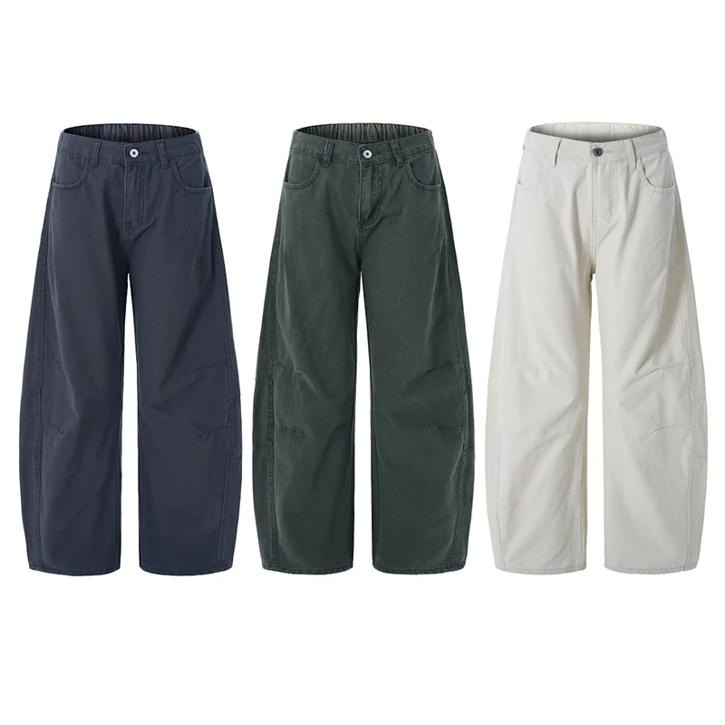 夏季美式复古洗褪baggy阔腿工装裤男女宽松直筒弯刀裤拖地长裤子