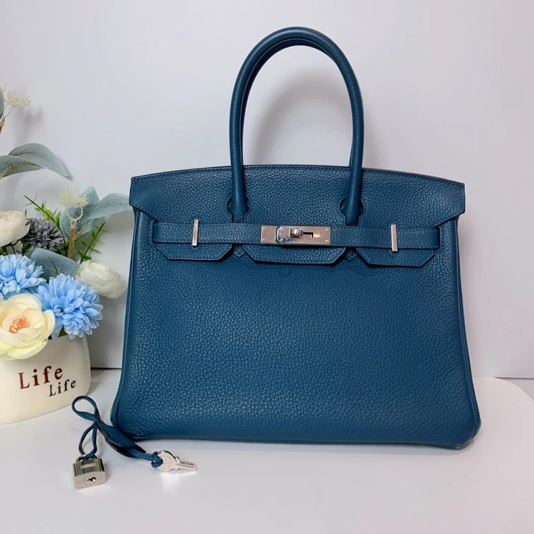 95新 Hermes/爱马仕 birkin30保加利亚蓝t刻手提包15193017二奢