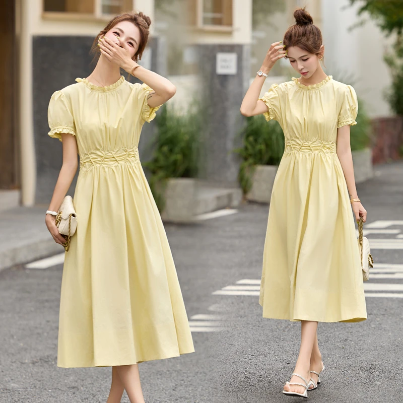 法式泡泡短袖收腰蓬蓬长款连衣裙2025夏季百褶木耳边衬衫长裙