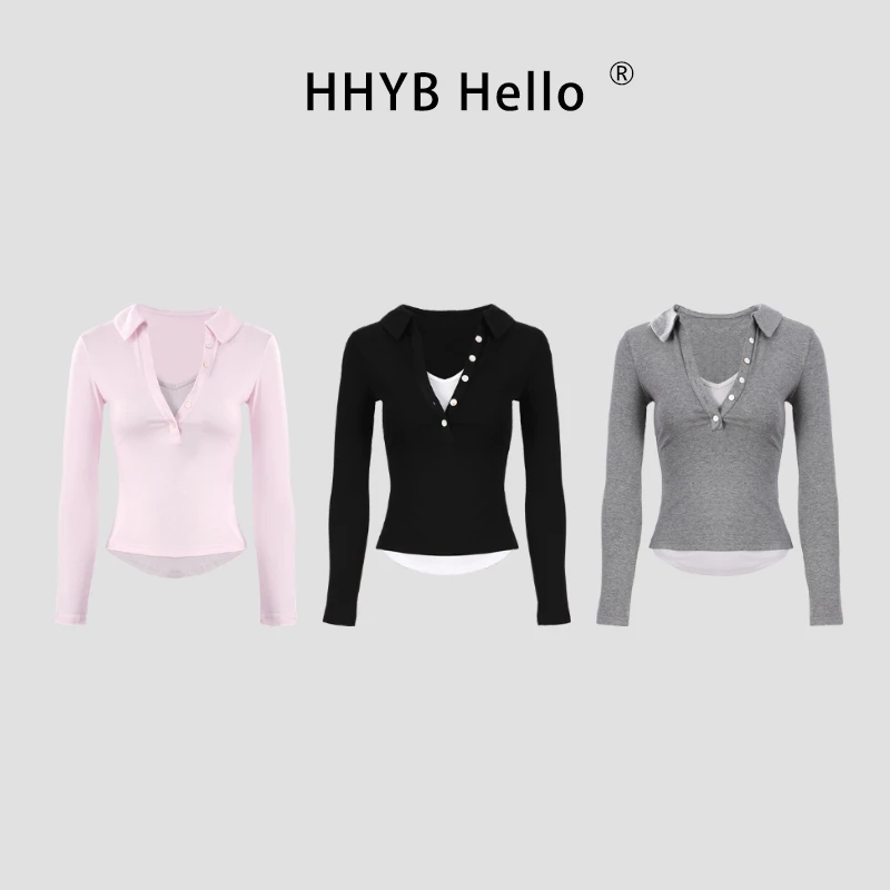HHYB Hello2025早秋新款polo领纽扣长袖T恤修身显瘦上衣女250394