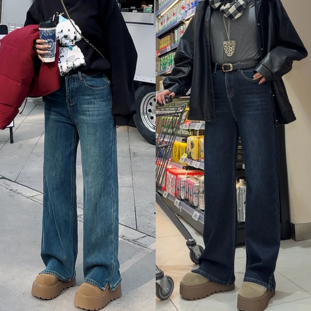 【冬上新】胖mm显瘦窄版加绒阔腿裤牛仔裤长裤加大码女装AK111_GN2