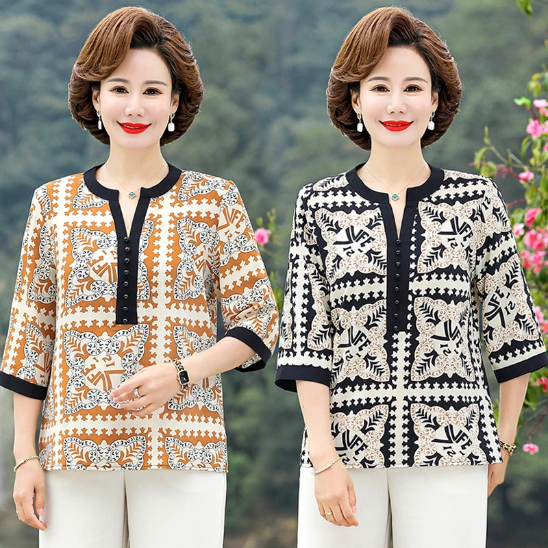 显瘦宽松妈妈短袖t恤2025夏季新款中老年女装夏天七分袖衬衣小衫