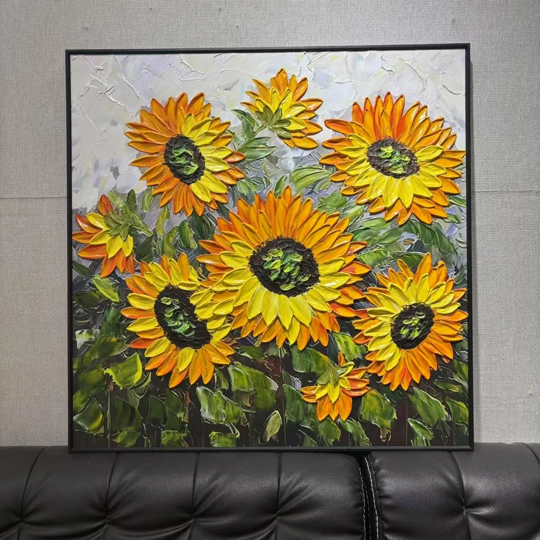 y201向日葵手绘油画厚涂客厅沙发装饰画纯手绘玄关走廊挂画