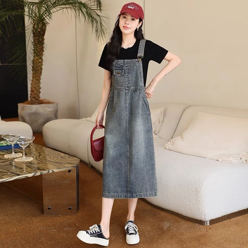 抖音网红复古牛仔背带裙女2025春夏宽松设计感宽松显瘦背带长裙潮