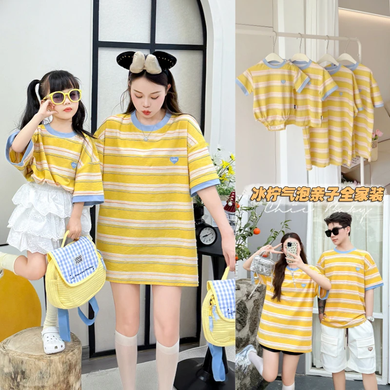 亲子装夏季一家三口条纹t恤洋气撞色纯棉宽松大码母女短袖全家装