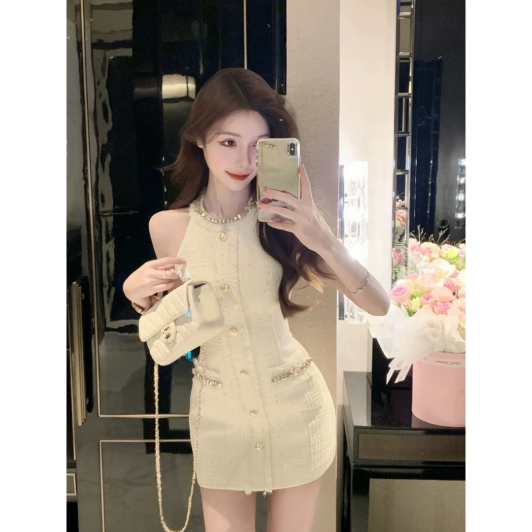 小香风镶砖无袖连衣裙女夏季法式收腰显瘦气质纯欲性感绝美包臀裙