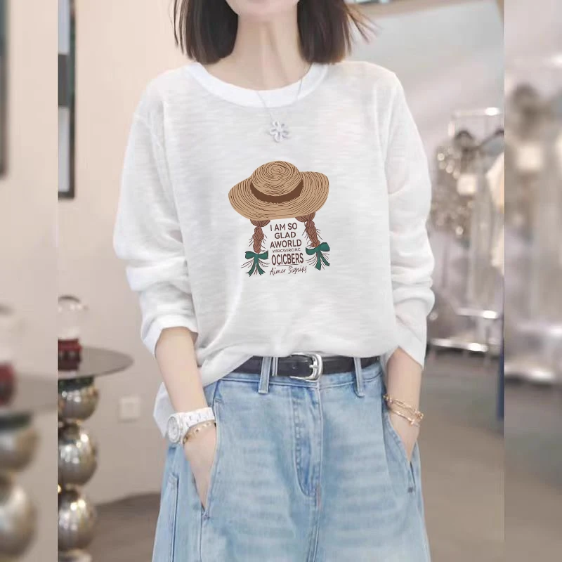 韩版简约宽松显瘦印花长袖T恤女夏季设计感小众雪花棉圆领上衣潮