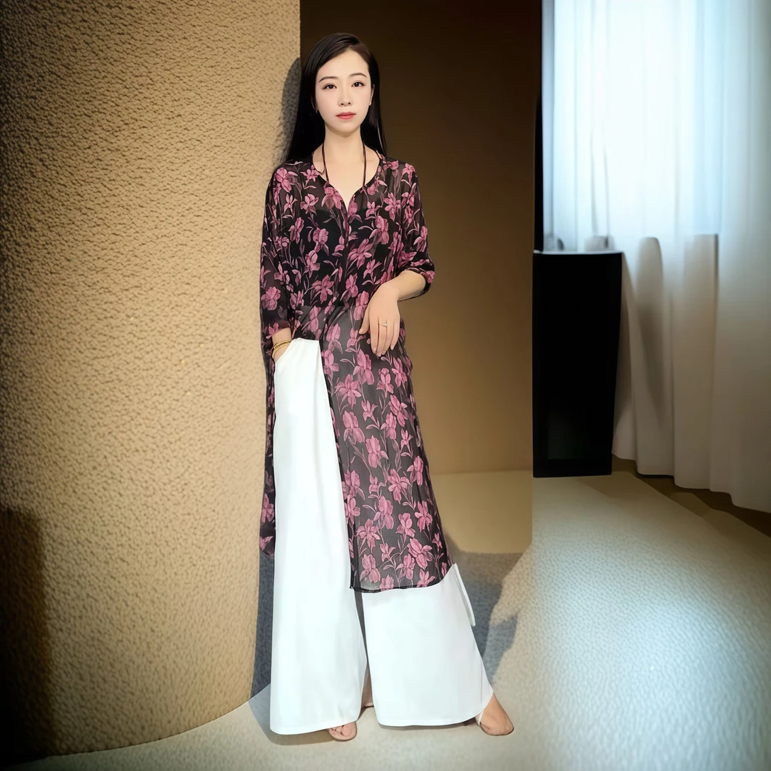 气质时尚中长款优雅夏季洋气设计师轻奢罩衫0051（凝夜紫花）