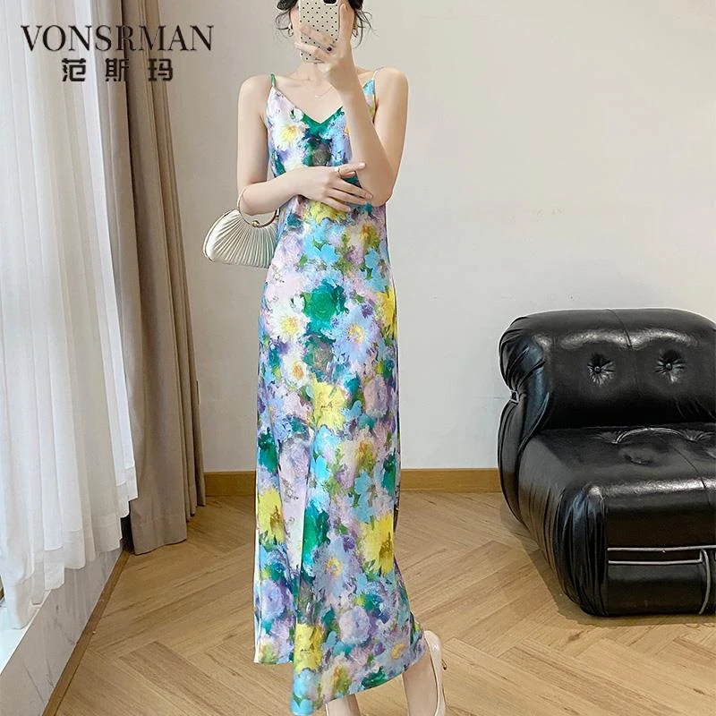 45度斜裁油画水墨印花包臀显瘦修身鱼尾连衣裙醋酸缎面V领吊带裙v