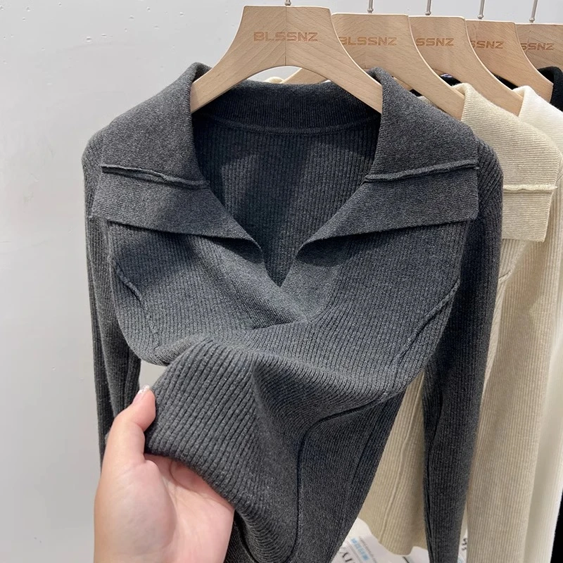 芯娇晴polo领针织衫女春秋季2025新款翻领毛衣打底衫内搭鱼骨上衣