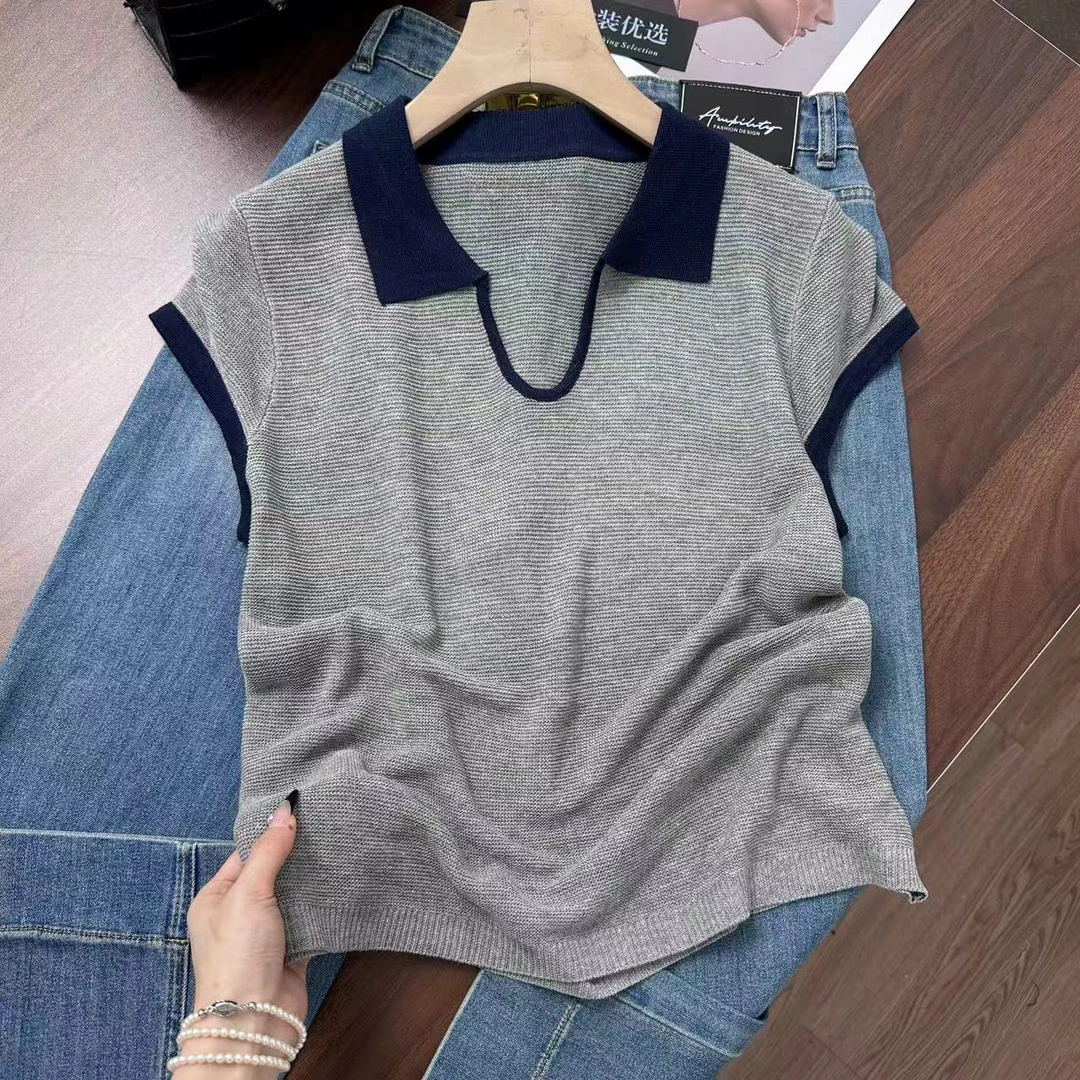 韩里韩气~气质Polo领简约休闲风！！正肩显瘦针织衫Y7583灰