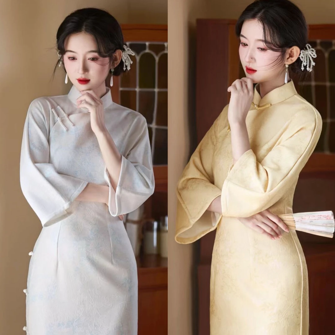 荷【秋辞】秋季国风全开襟针织提花面料单层气质少女修身旗袍（长120