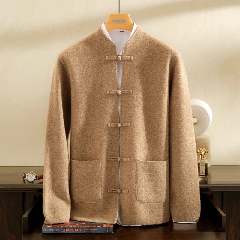 四平针加厚盘扣开衫带兜纯山羊绒衫半高领毛衣宽松长袖外套