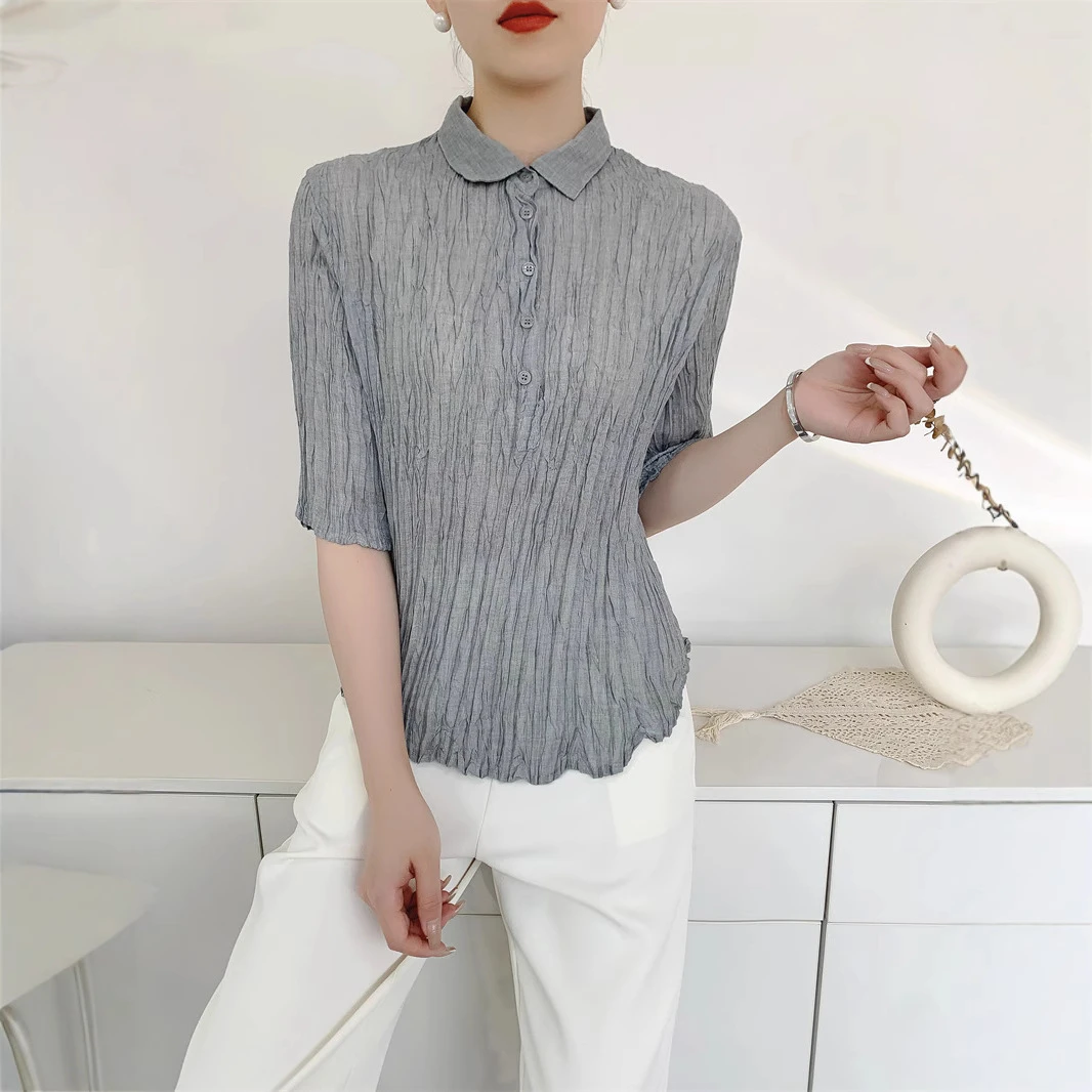2025夏季手工乱褶早春百搭衬衫女中袖修身显瘦气质衬衣小众设计感