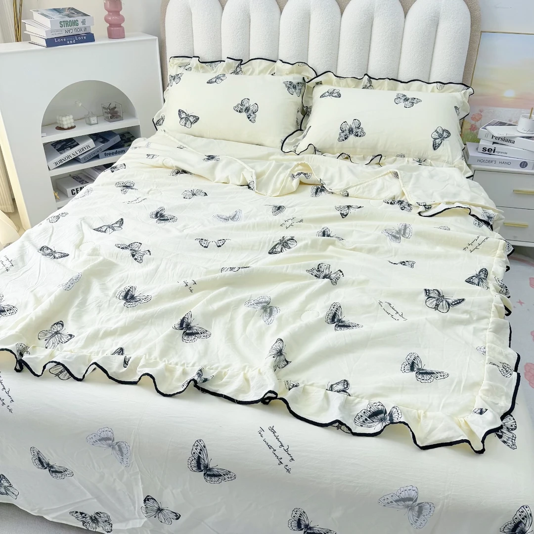 赫本风轻奢夏被四件套宿舍卡通双人空调夏凉被可机水洗薄款被子芯