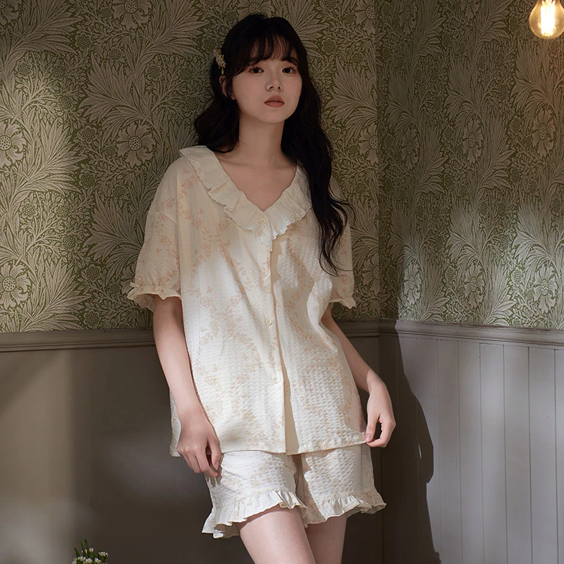 思莉太太【暖暖含光】纯棉睡衣女夏季短袖短裤甜美风花边韩版家居服