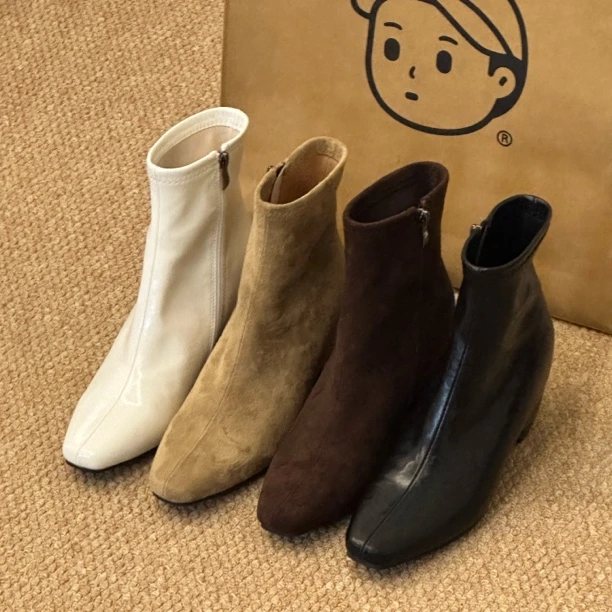 晚睡兰·内增高10cm小个子时尚猫跟超软秋冬短筒瘦瘦小裸靴方头