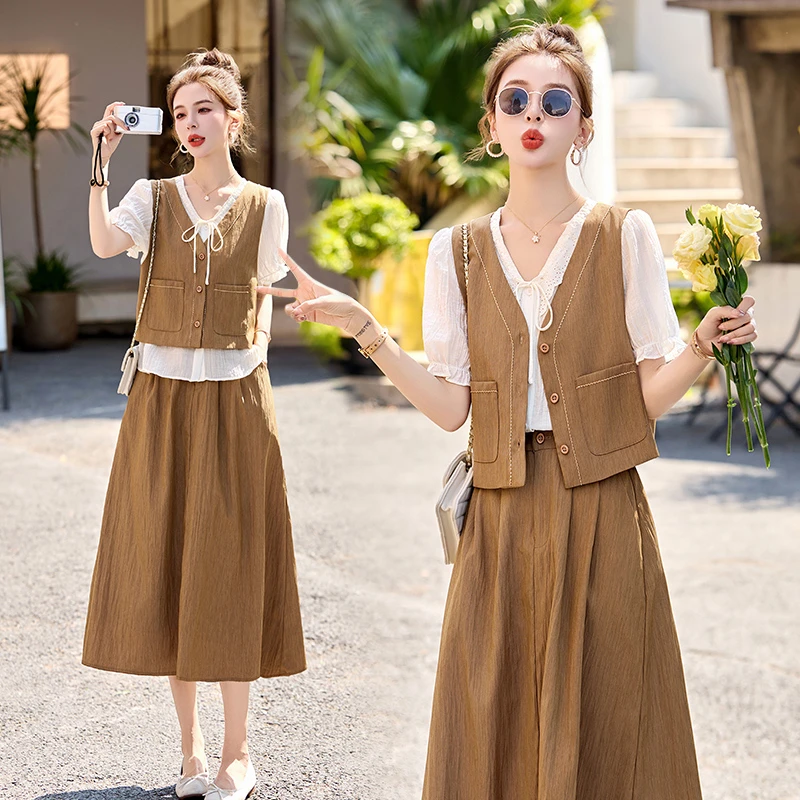 法式气质马甲套装裙女2025夏季新款休闲时尚洋气减龄半身裙三件套