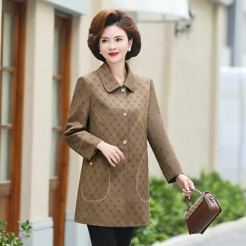 11652-中老年春秋长袖洋气风衣妈妈春装洋气高贵时尚外套