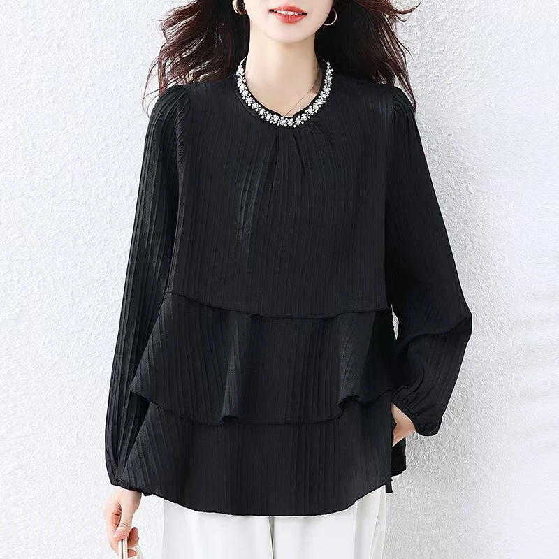 圆领秋季女款秋季拼接休闲衬衫洋气上衣气质韩版遮肚拼接黑色