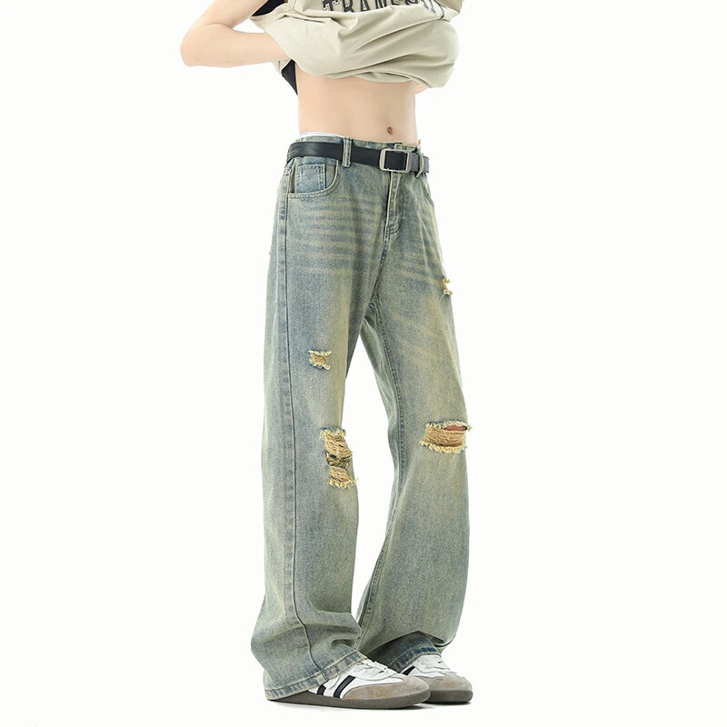 新款微喇破洞牛仔裤男夏季薄款显瘦直筒休闲裤美式复古高街阔腿裤