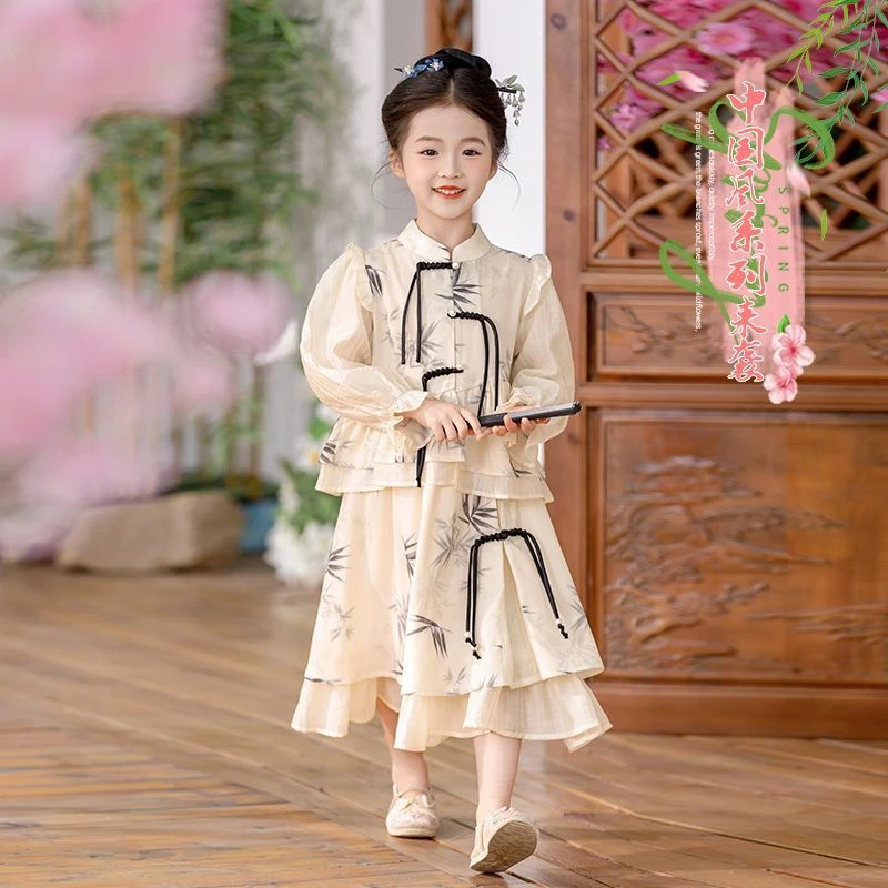 女童水墨汉服套装2025新款春季儿童新中式国风唐装女孩古风两件套