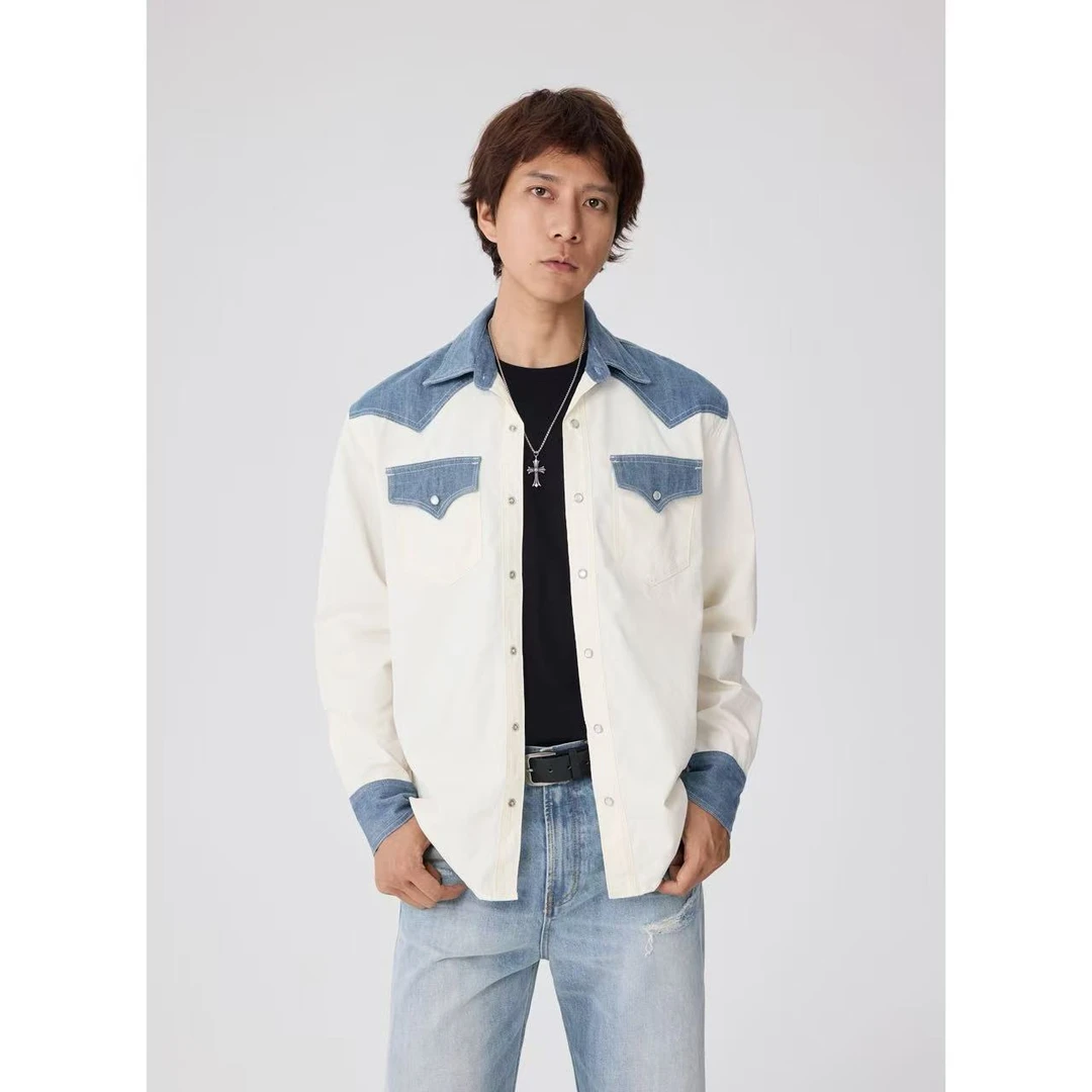 SINGLE SAILOR男士四季款纯棉拼接撞色丹宁牛仔时尚长袖衬衫休闲