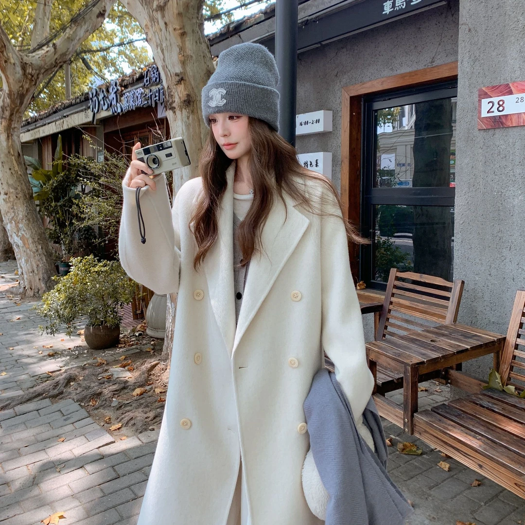 特级软黄金大翻领秋冬时尚显瘦气质中长款手工缝制双面山羊绒大衣