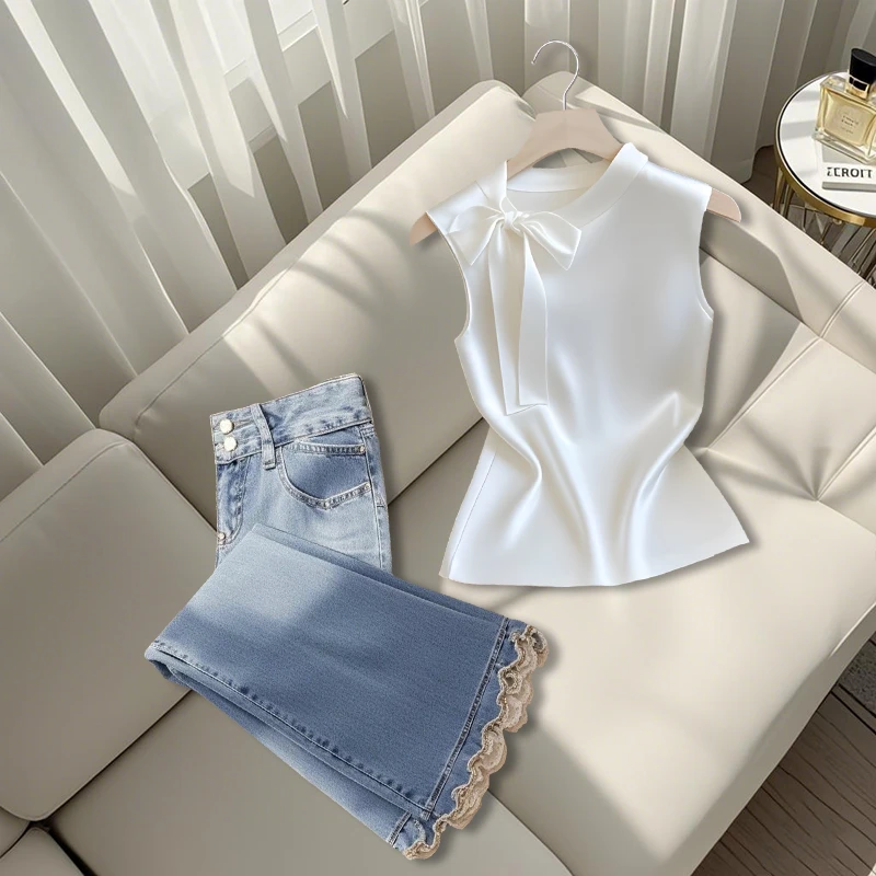 2025夏季新款法式小香风气质显瘦无袖上衣蕾丝花边牛仔裤子两件套